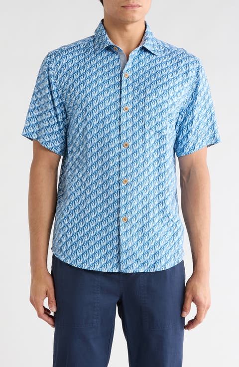 Geometric Twist Short Sleeve Silk Button-Up Shirt
