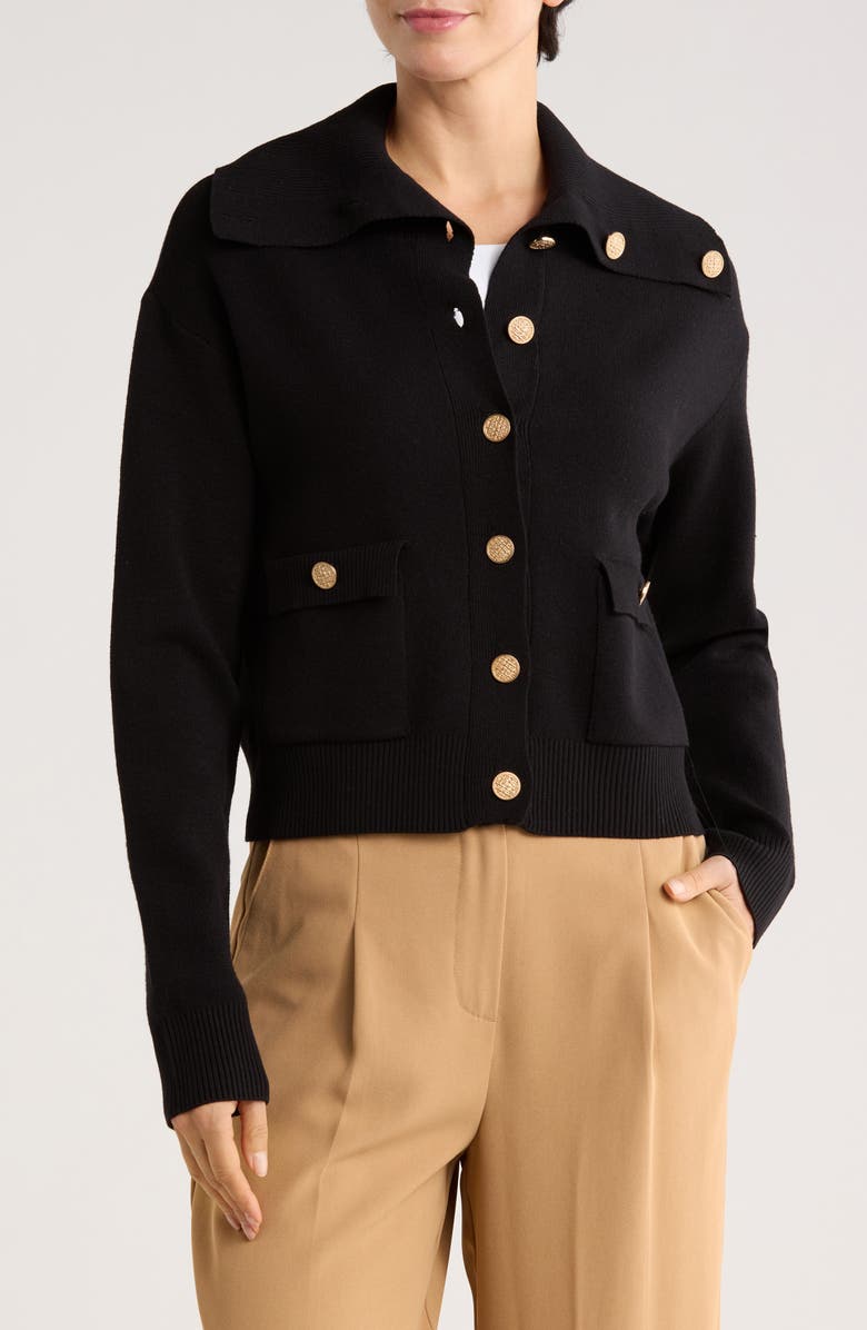 Ellen Tracy Button Front Sailor Collar Cardigan, Main, color, Black