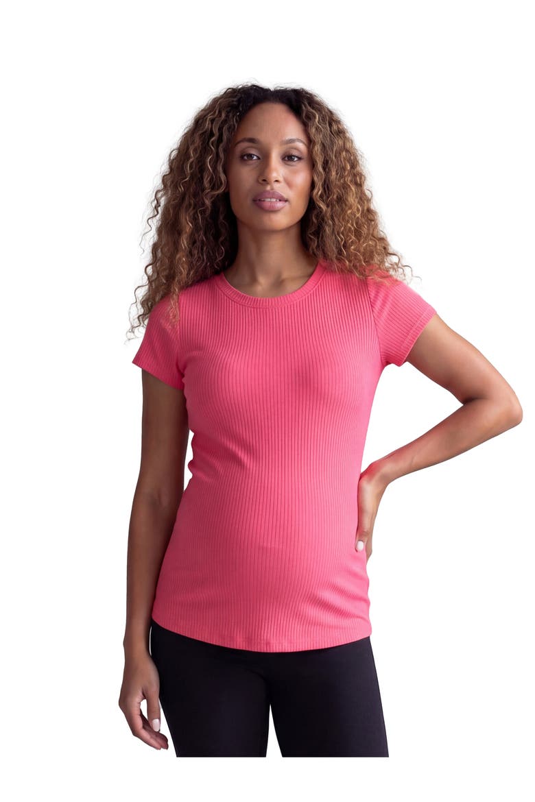 Maternity Basic Ribbed Knit Round Neck Short Sleeve Top, Main, color, Coral
