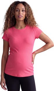 24seven Comfort Apparel Maternity Basic Ribbed Knit Round Neck Short Sleeve Top