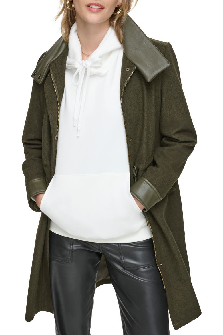 Feather Leather Trim Wool Blend Coat, Alternate, color, ARTICHOKE