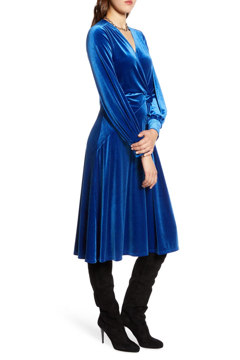 Velvet Faux Wrap Dress, Alternate, color, BLUE SURF