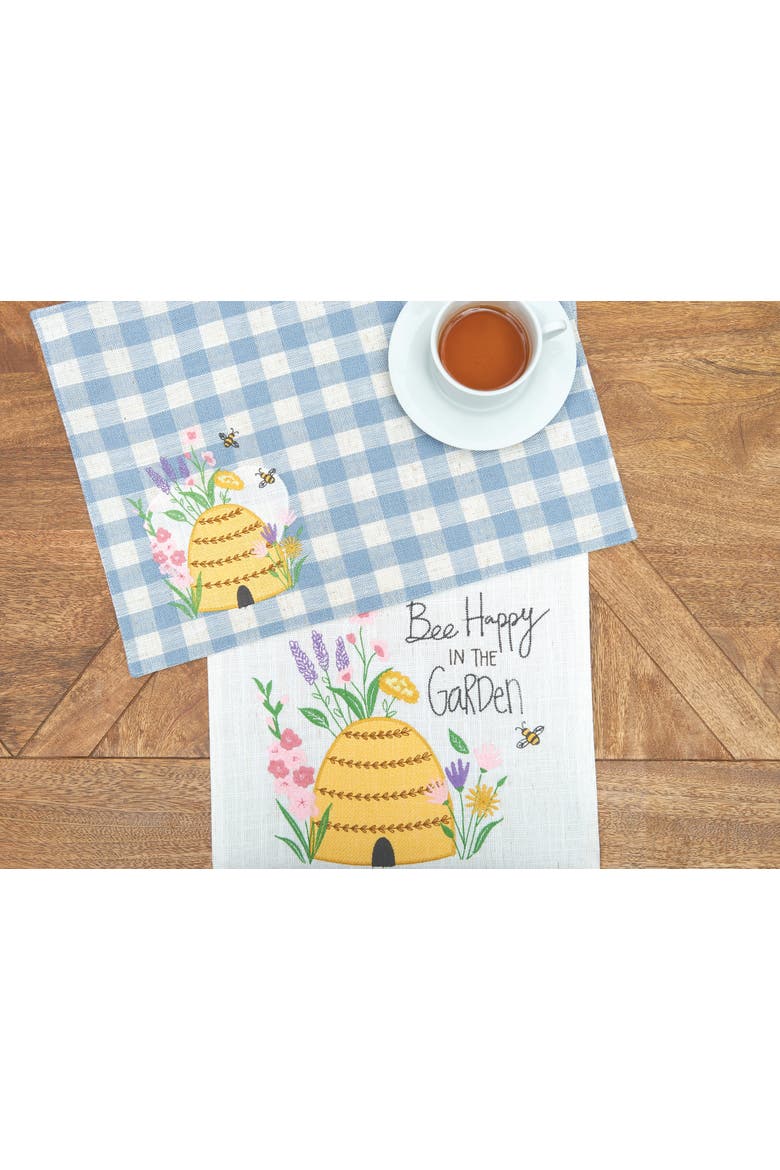 "Bee Happy In The Garden" Blue Plaid & White 100% Cotton Table Runner 13" x 72", Alternate, color, Blue