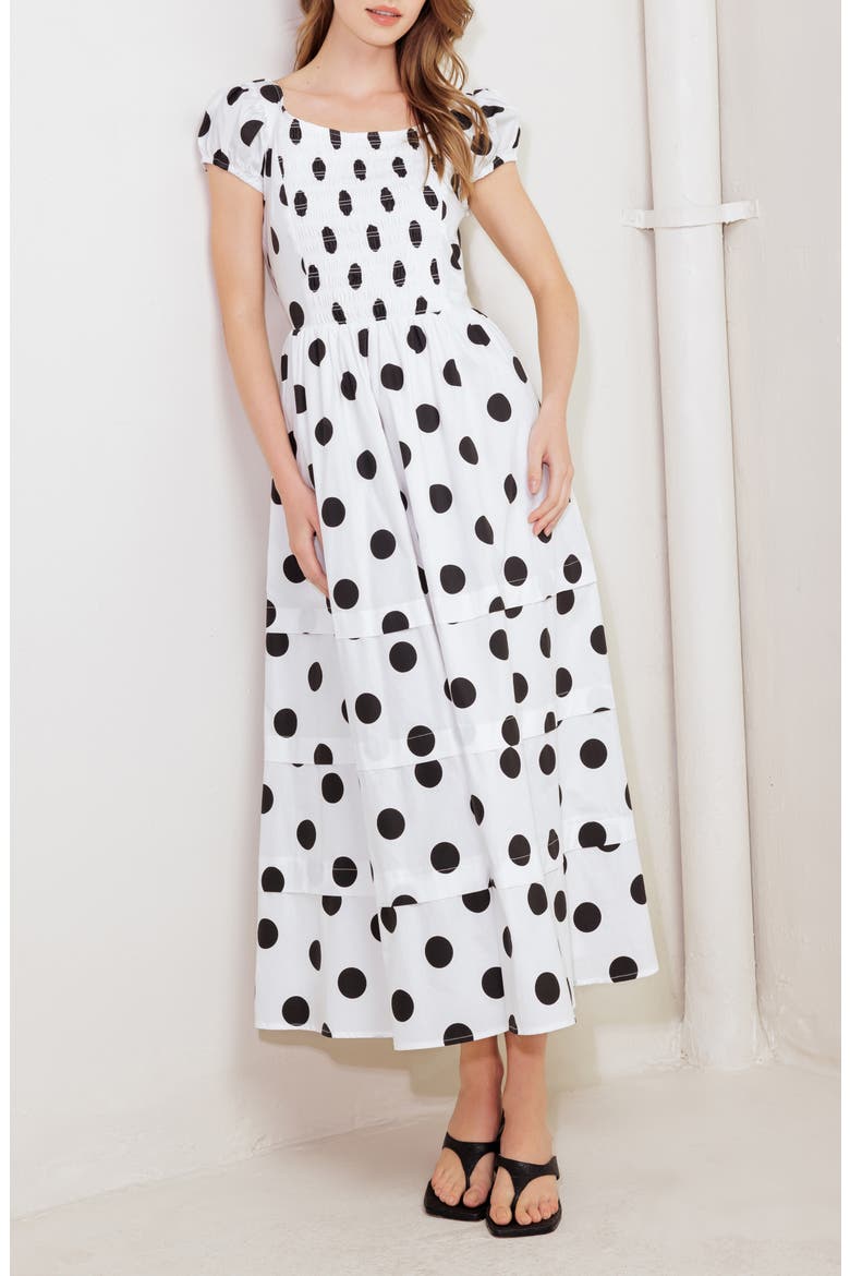 Tiered Polka Dot Stretch Cotton Midi Dress, Alternate, color, WHITE