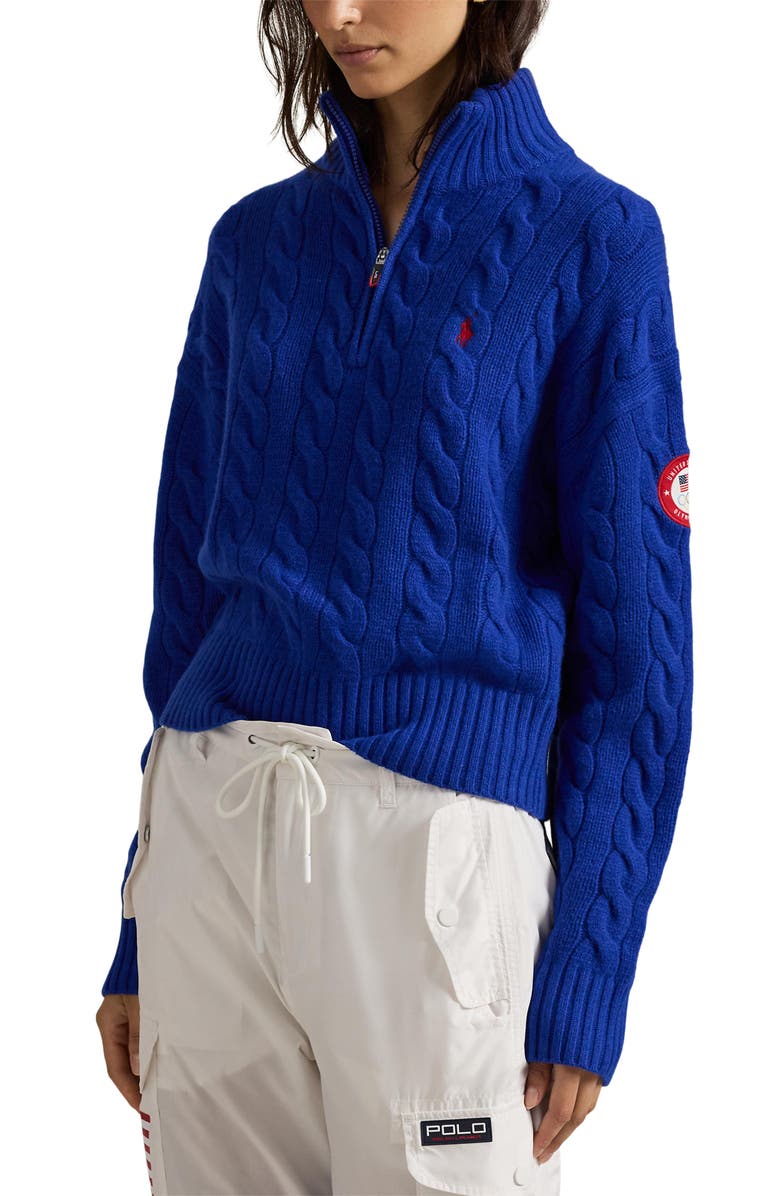 Polo Ralph Lauren Team USA Cable Stitch Half Zip Pullover, Main, color, Heritage Royal 24