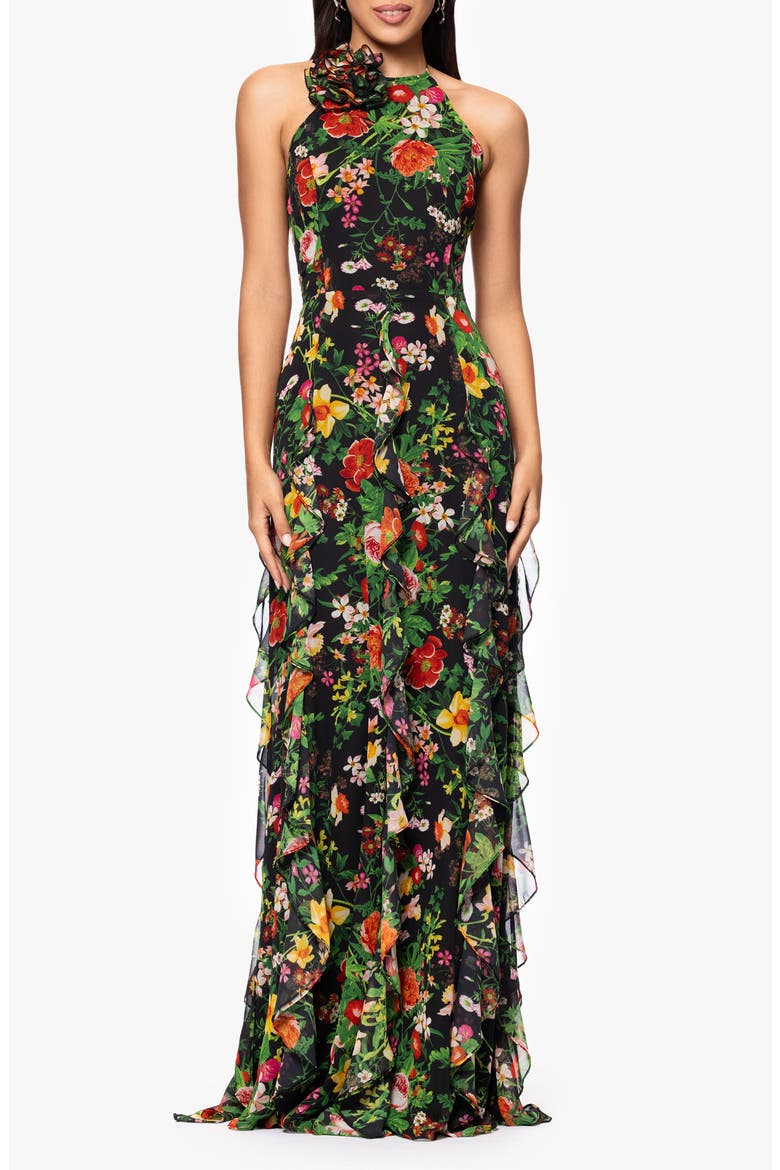 Floral Halter Neck Gown, Main, color, BLACK/ RED