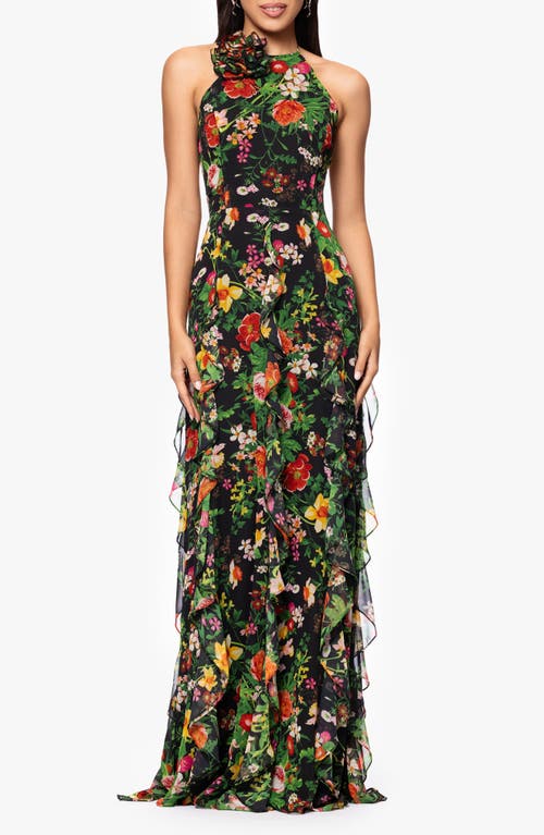 Shop Betsy & Adam Floral Halter Neck Gown In Black/red