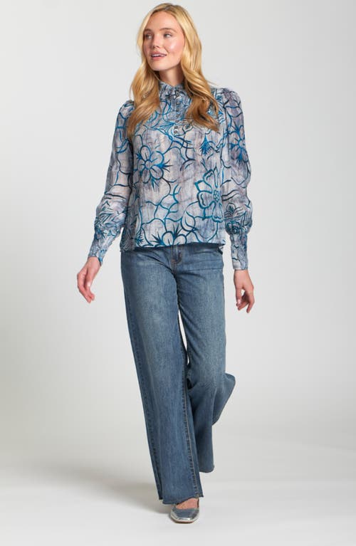Apny Puff Shoulder Button Front Top In Blue