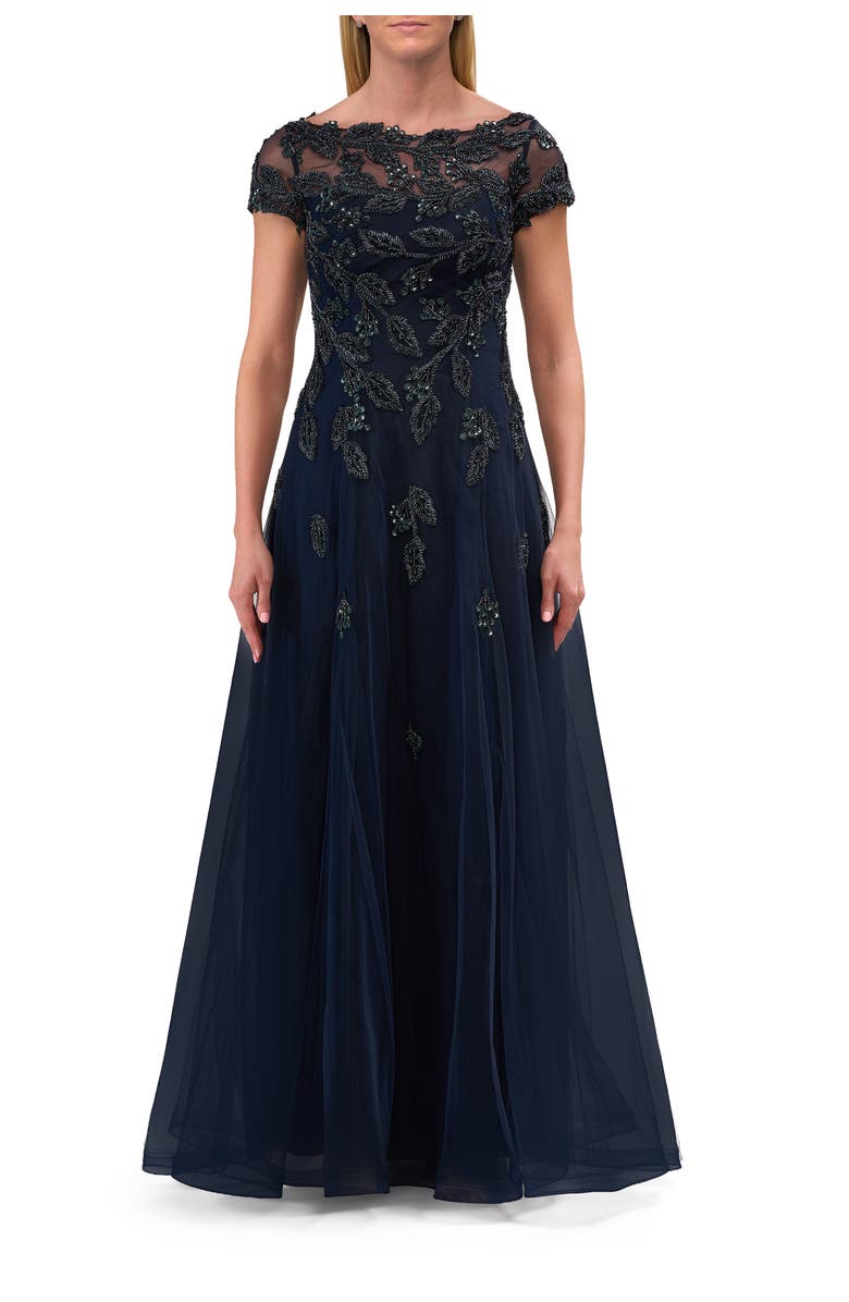 La Femme Gorgeous Gown with Beaded Lace Applique, Main, color, Navy