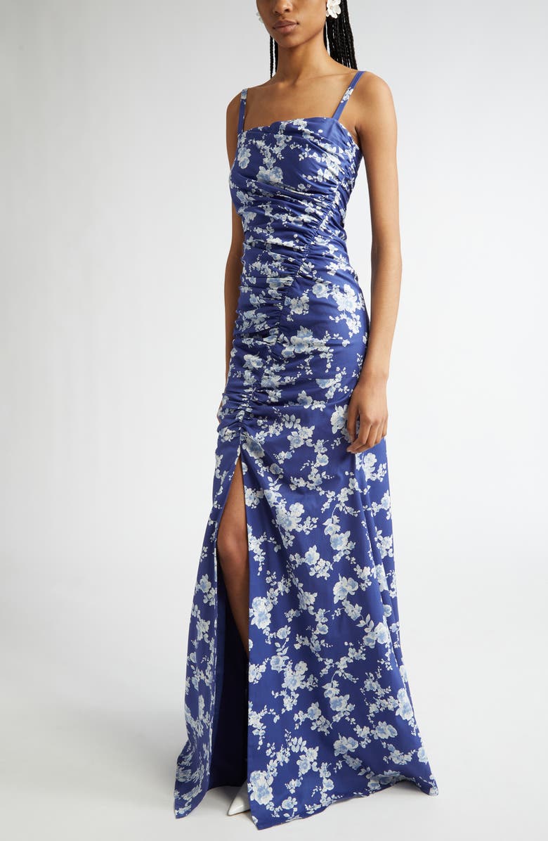Carolina Herrera Floral Print Ruched Faille Gown, Alternate, color, Nautilus Multi