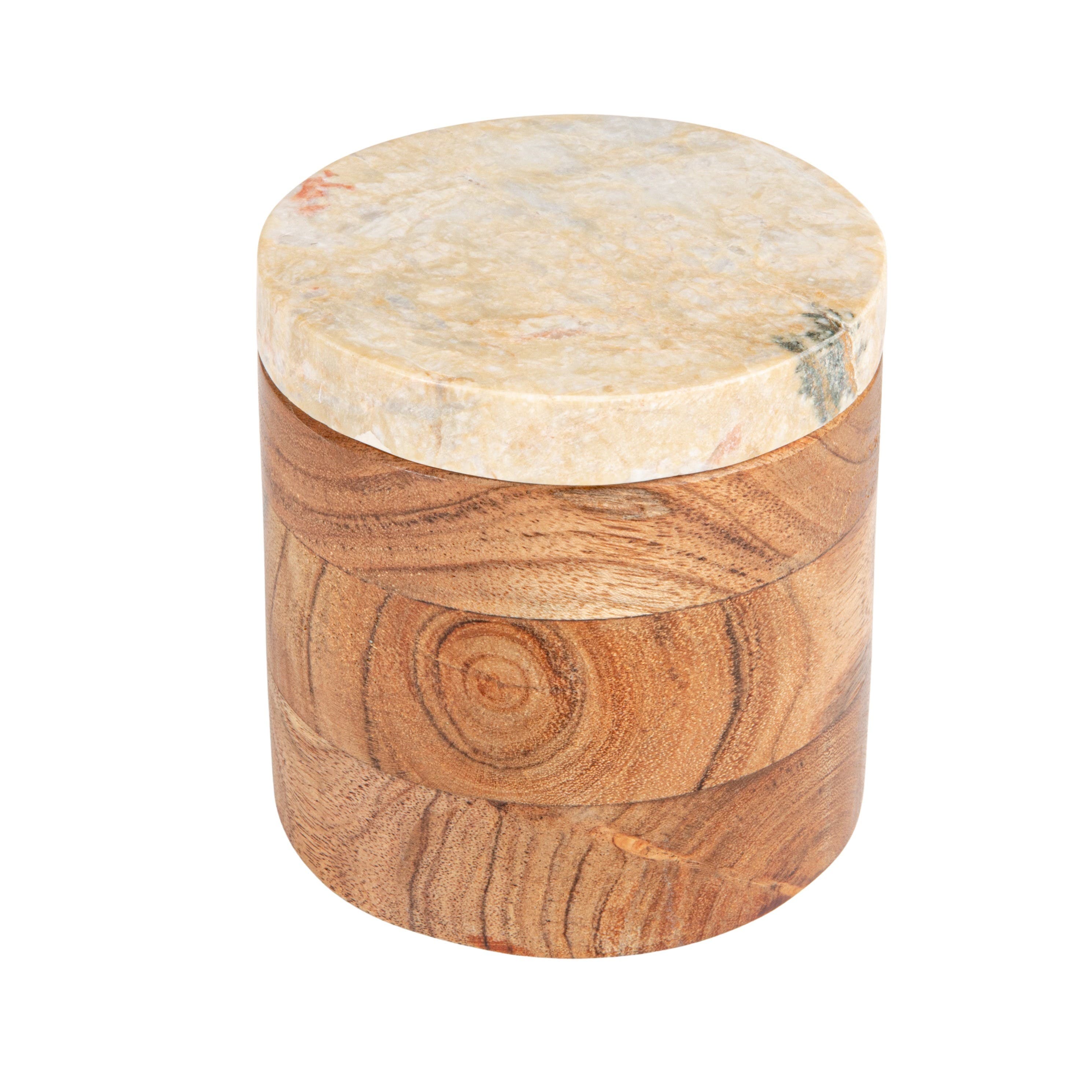 Storied Home Round Acacia Wood Container With Marble Lid, Natural And Yellow Mélanges In Brown