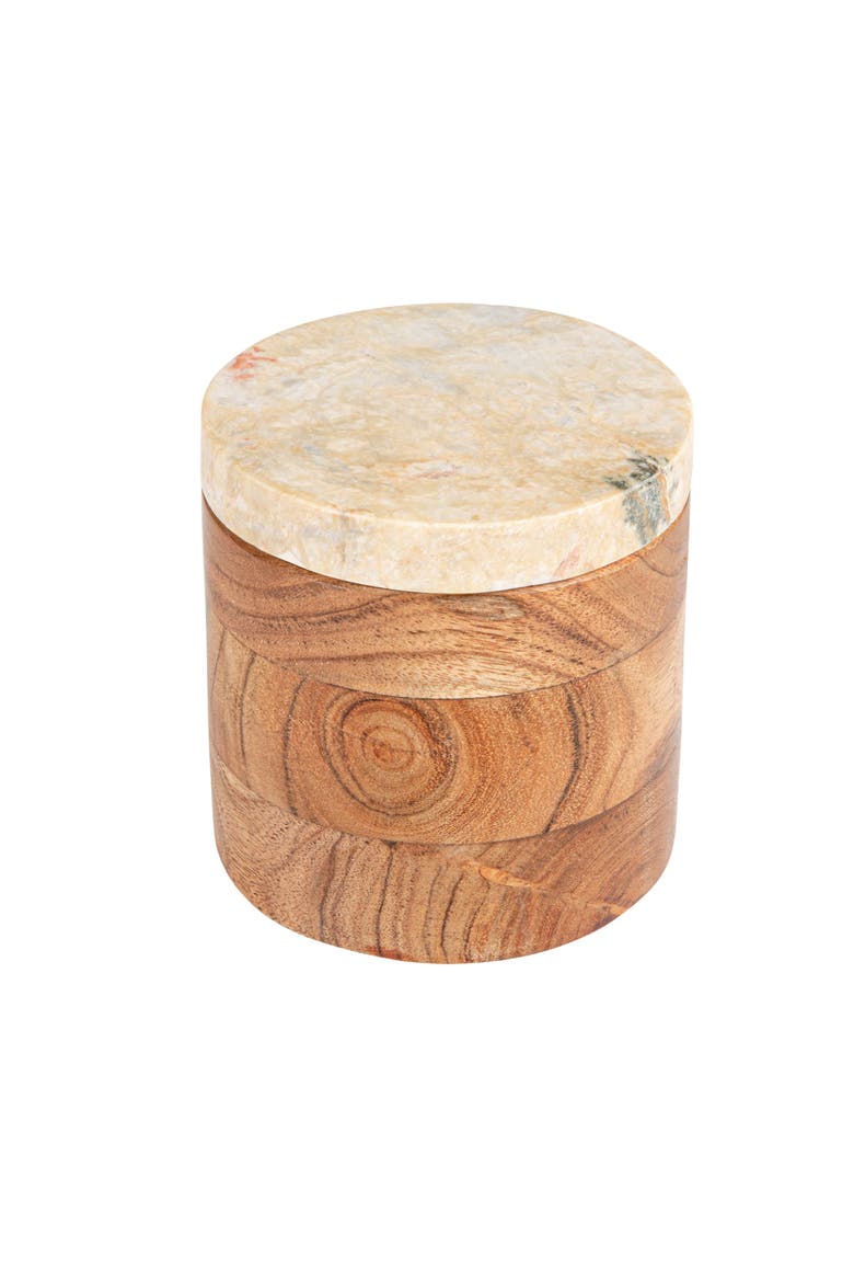 Round Acacia Wood Container with Marble Lid, Natural and Yellow Mélanges, Main, color, Natural