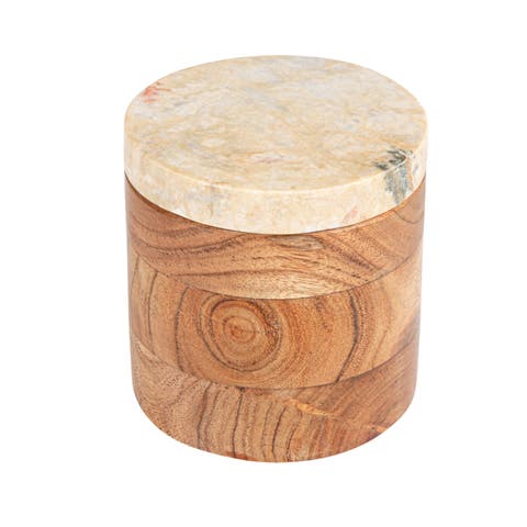 Round Acacia Wood Container with Marble Lid, Natural and Yellow Mélanges