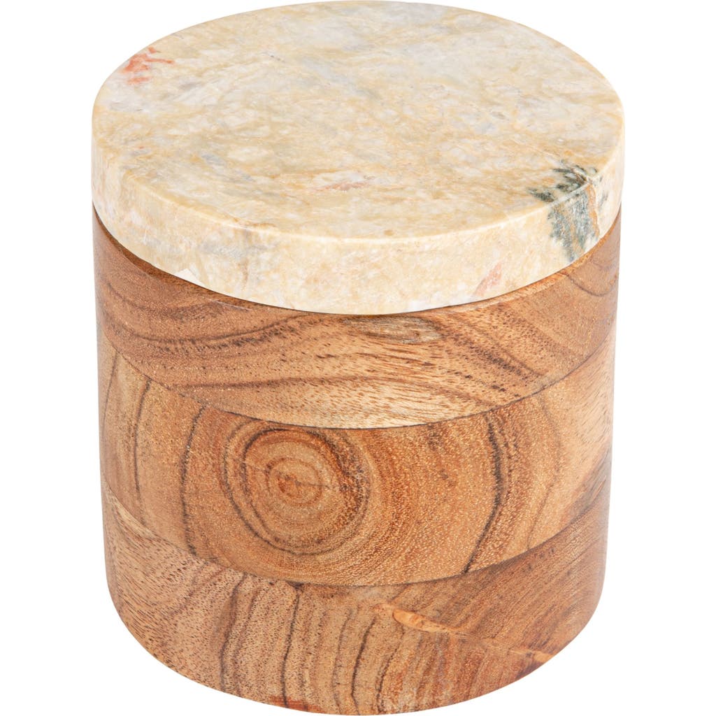 Storied Home Round Acacia Wood Container With Marble Lid, Natural And Yellow Mélanges In Brown