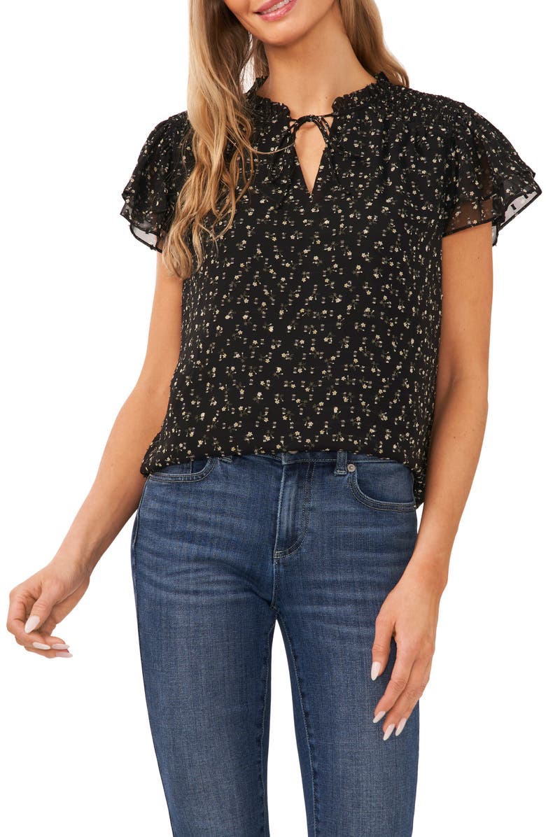 CeCe Embroidered Floral Flutter Sleeve Top, Main, color, 