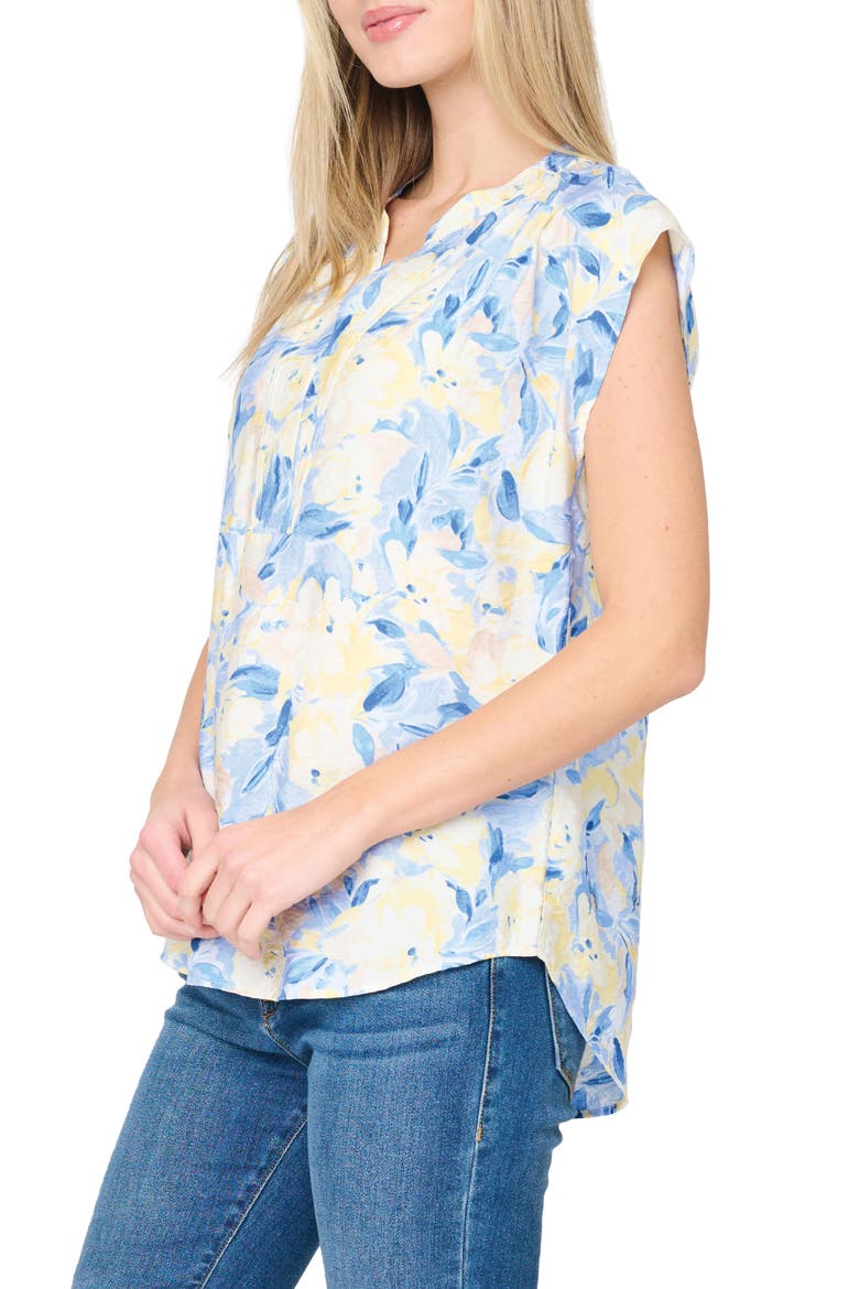 Split Neck Cap Sleeve High-Low Top, Alternate, color, YELLOW/ NAVY FLORAL