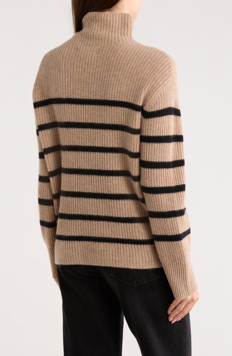 Nordstrom Cashmere Stripe Mock Neck Ribbed Sweater, Alternate, color, Tan Camel Heather Black Stripe