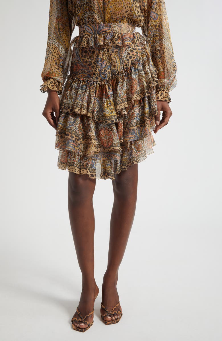 Etro Paisley Leopart Spot Tiered High-Low Silk Miniskirt, Main, color, Dark Brown