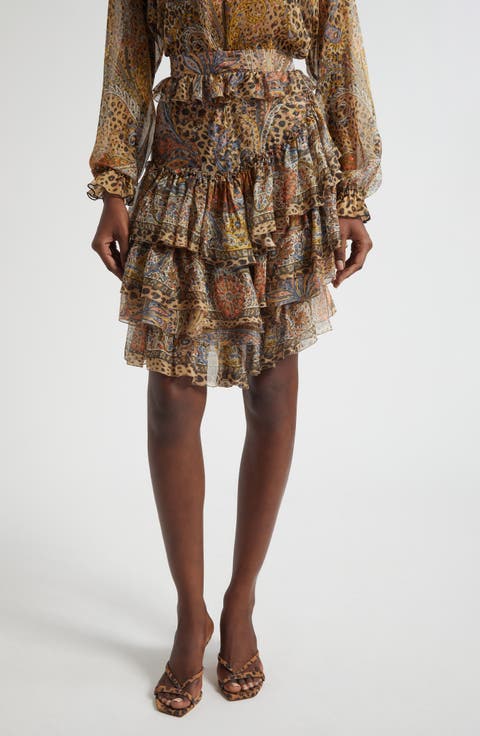Paisley Leopart Spot Tiered High-Low Silk Miniskirt