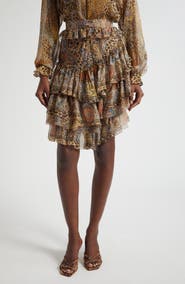 Etro Paisley Leopart Spot Tiered High-Low Silk Miniskirt