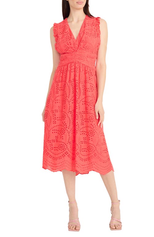 Maggy London Sleeveless Embroidered Eyelet Midi Dress in Coral 