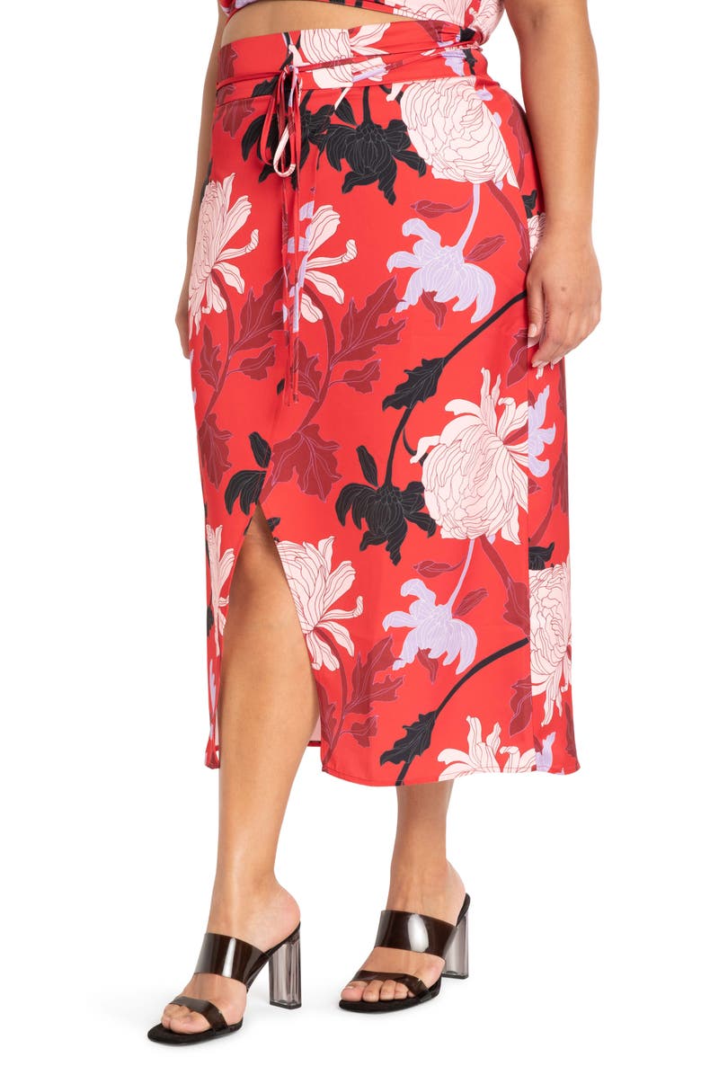 ELOQUII Floral Wrap Front Satin Skirt, Main, color,