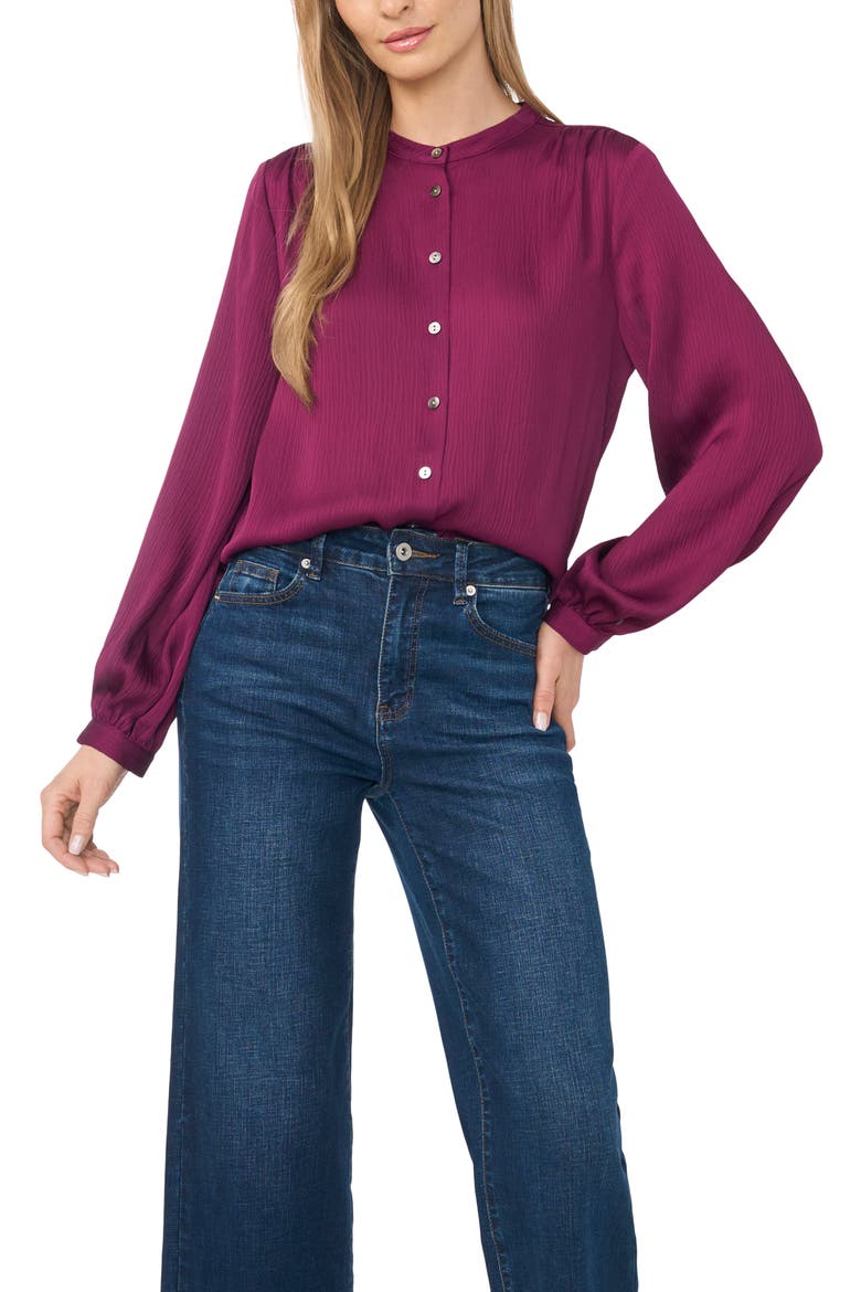 Shirred Long Sleeve Band Collar Shirt, Main, color, MAGENTA PURPLE