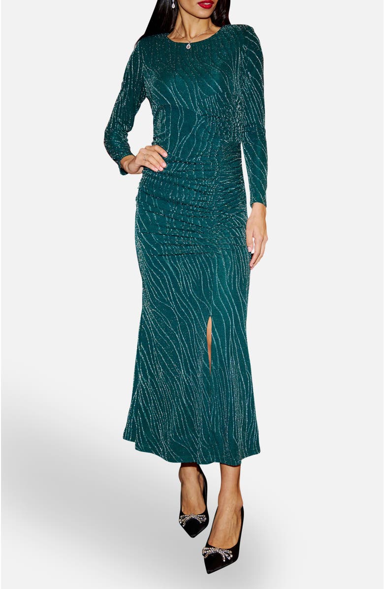 Yumi Mesh Fitted Ruched Midi Dress, Alternate, color, Green