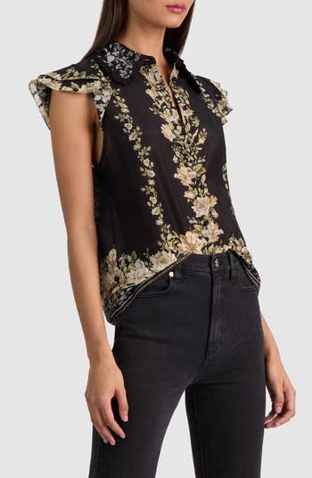 Martel Flutter Sleeve Cotton & Silk Button-Up Top