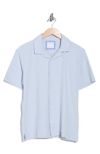 Denim And Flower Textured Short Sleeve Button-up Shirt In Blue