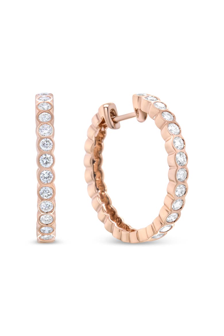 18K Rose Gold 1 Cttw Round Bezel-Set Diamond Hoop Earrings, Alternate, color, Pink