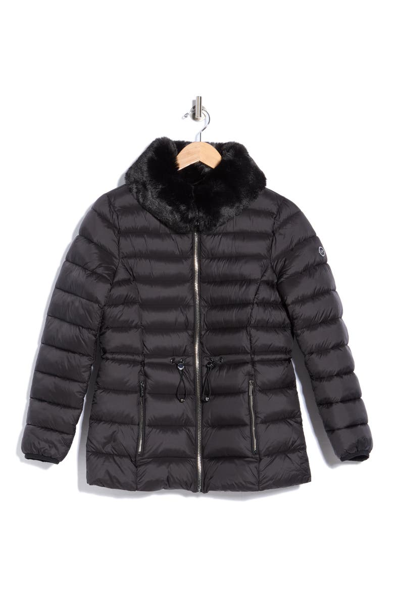 Faux Fur Collar Packable Anorak, Alternate, color, BLACK