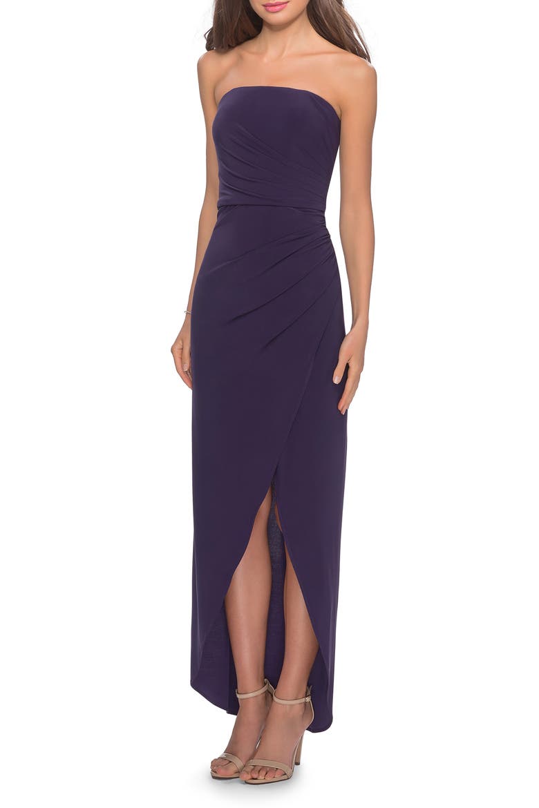 Strapless Ruched Soft Jersey Gown, Main, color, DARK PURPLE