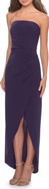 La Femme Long Strapless Jersey Dress with Side Ruching