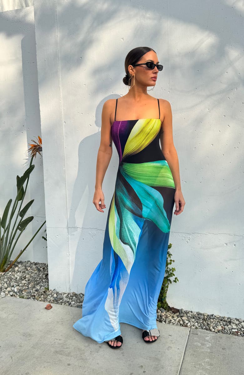 AFRM Shea Print A-Line Mesh Maxi Dress, Alternate, color,