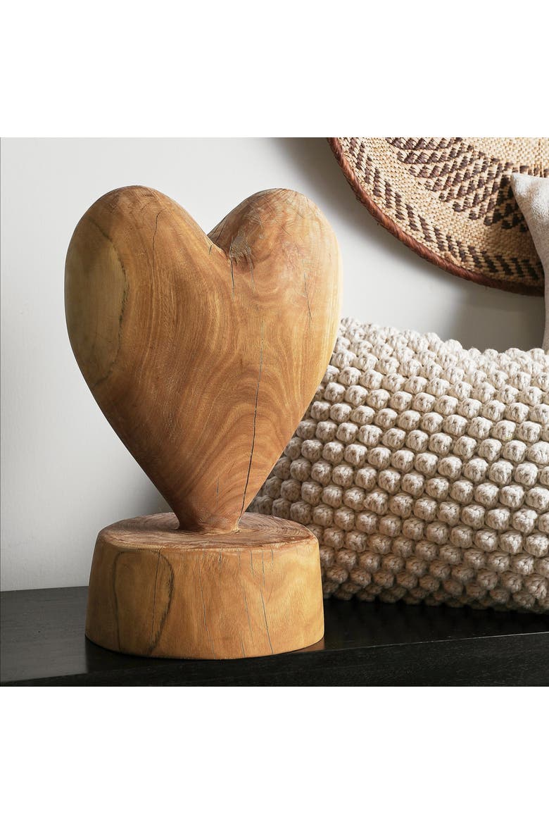 Heart on a Pedestal Eucalyptus Wood Sculpture, Alternate, color, Natural