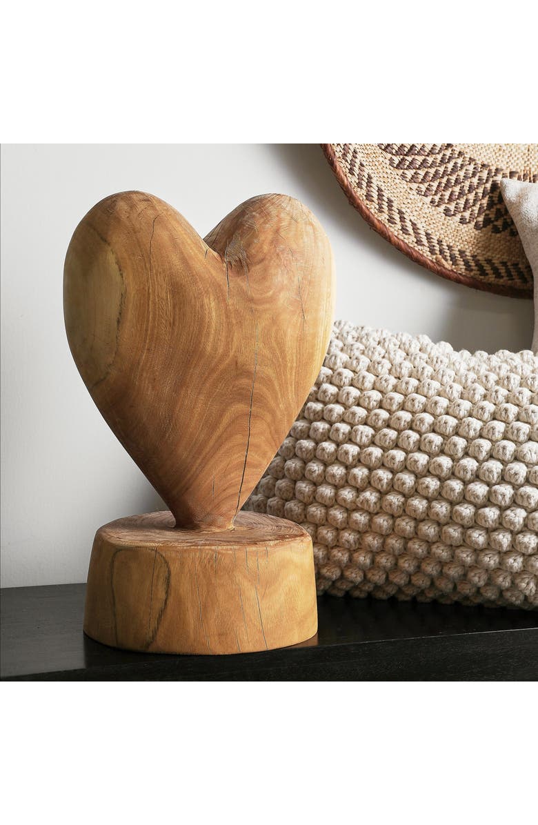 kanju Interiors Heart on a Pedestal Eucalyptus Wood Sculpture, Alternate, color, Natural