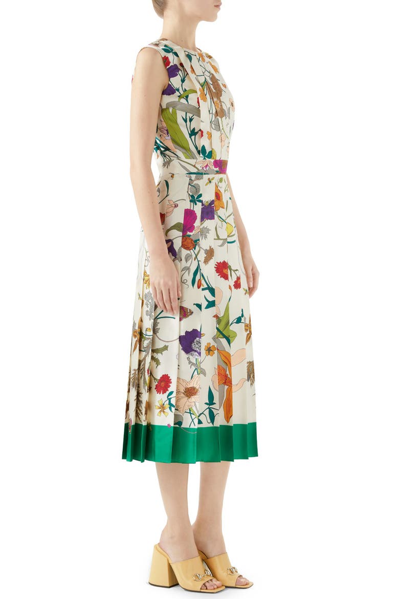 Flora Gothic Print Silk Pleated Midi Dress, Alternate, color, IVORY