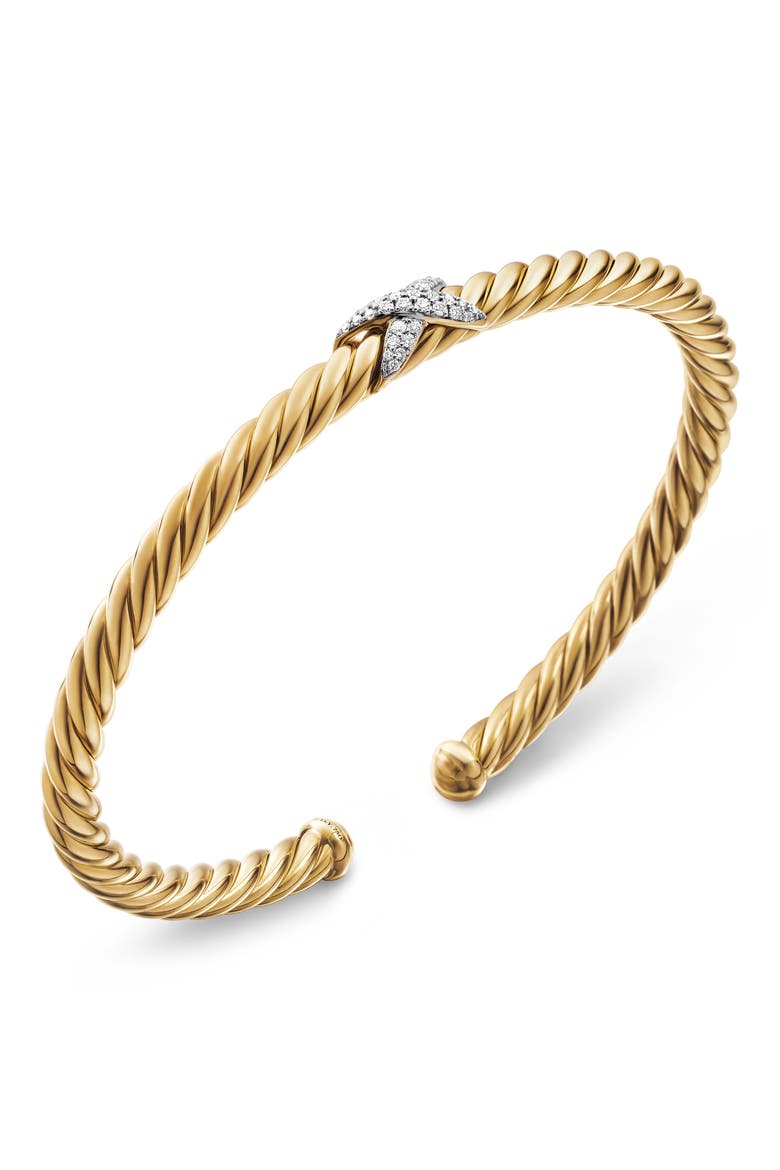 X Cablespira® Station Bracelet in 18K Yellow Gold with Pavé Diamonds, 4mm, Alternate, color, DIAMOND