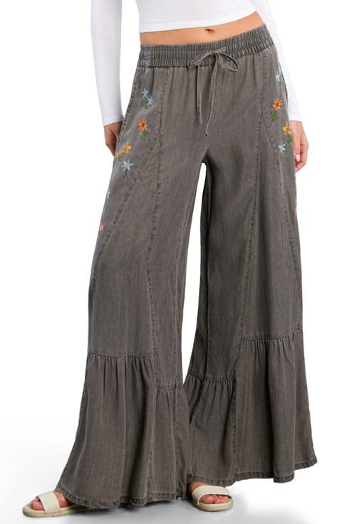 Embroidered Butterfly Drawstring Wide Leg Jeans