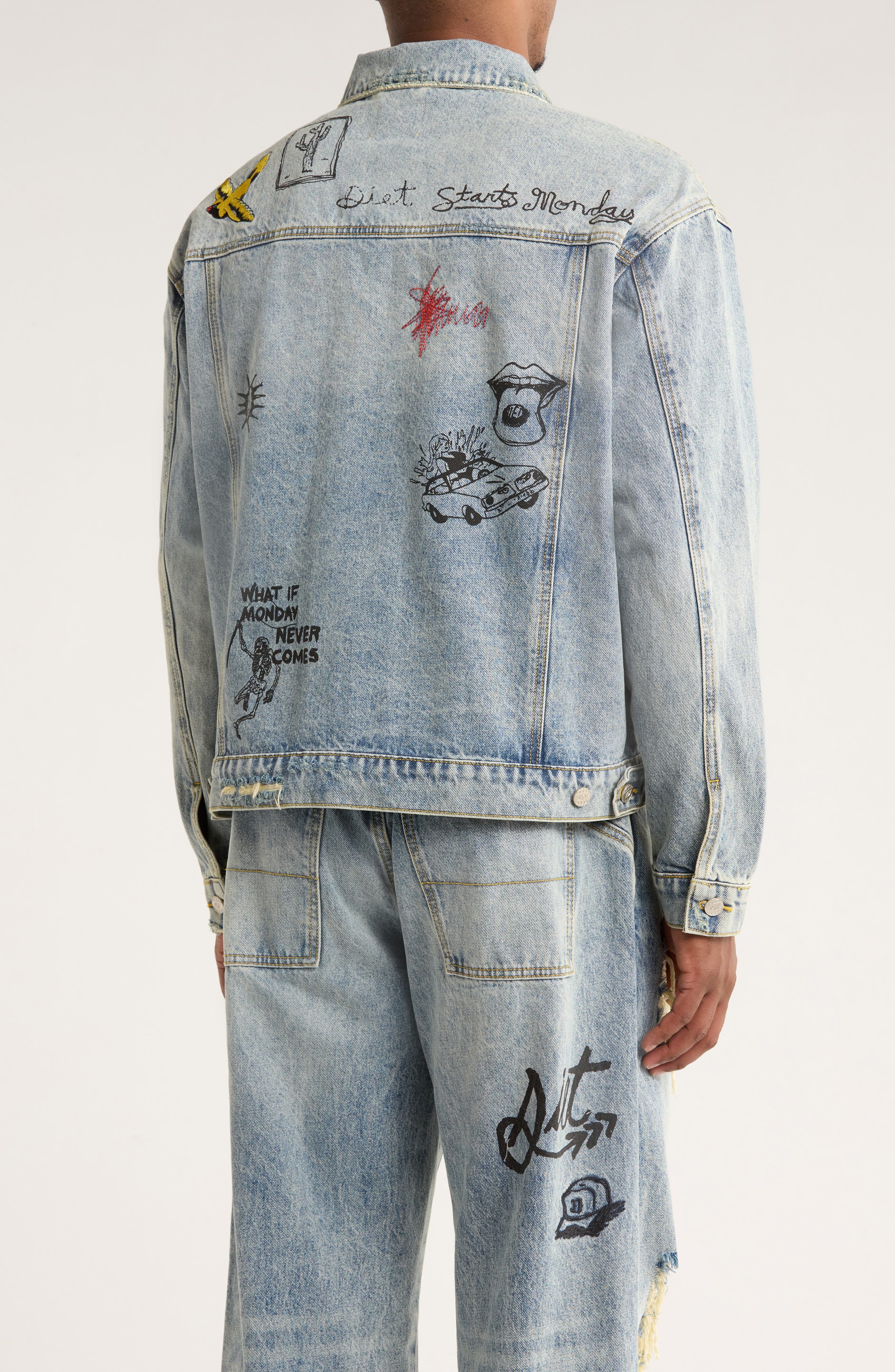Doodle Embroidered Distressed Denim Trucker Jacket - image 2