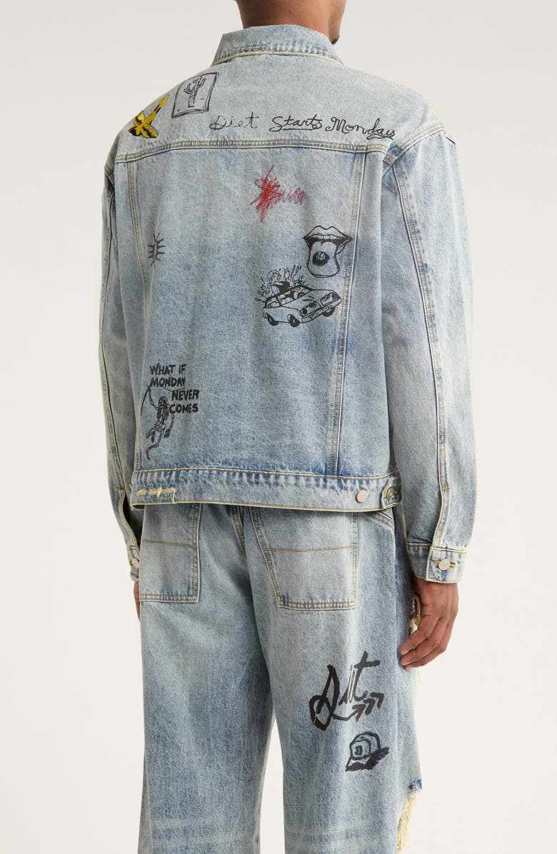 DIET STARTS MONDAY Doodle Embroidered Distressed Denim Trucker Jacket, Alternate, color, Indigo