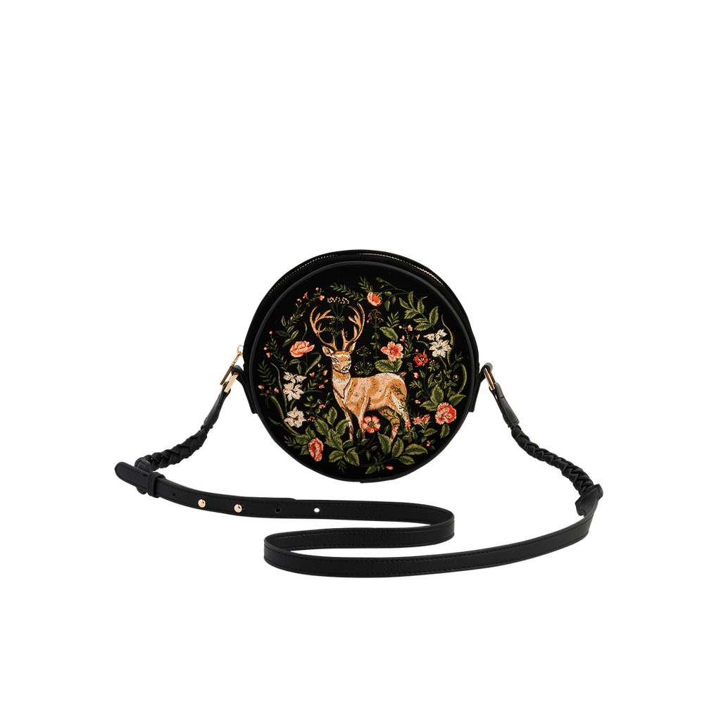 Fable England Aurora Fawn Embroidered Black Circle Bag In Black
