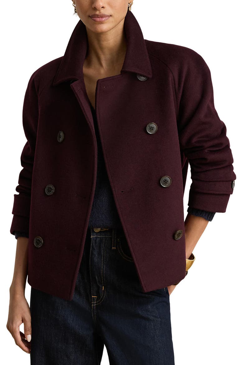Double Breasted Cropped Wool Blend Coat, Main, color, PINOT NOIR