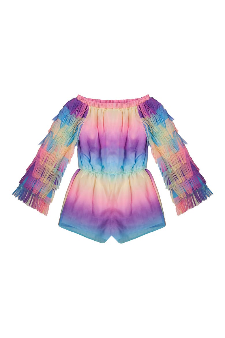 Kids' Ombré Fringe Off the Shoulder Long Sleeve Romper, Main, color, PURPLE MULTI