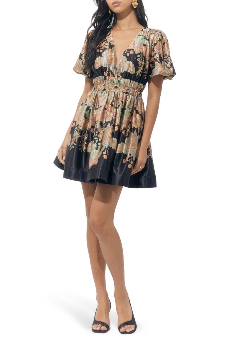 Koi Print Puff Sleeve Dress, Main, color, BLACK/ GOLD