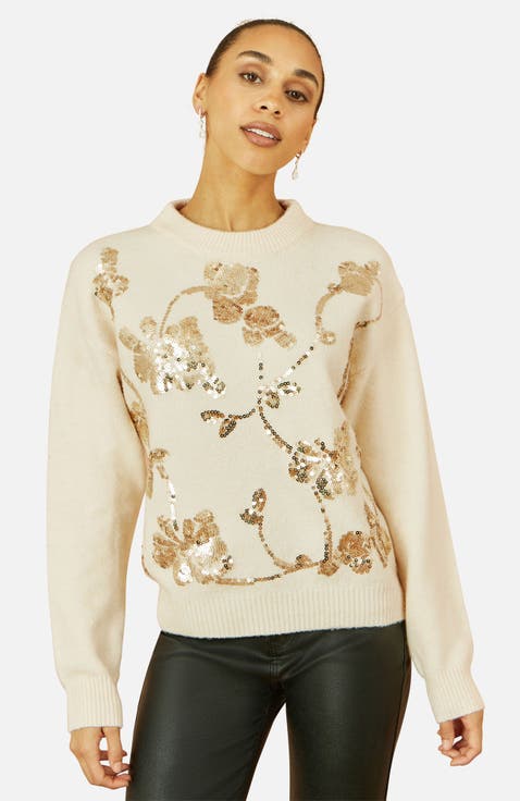 Relaxed Fit Floral Sequin Sweater