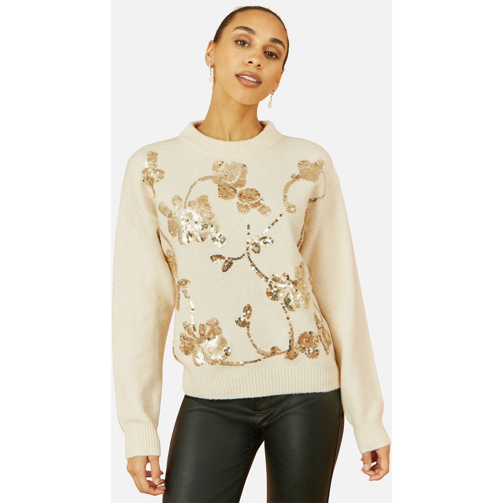 Yumi Relaxed Fit Floral Sequin Sweater In Brown