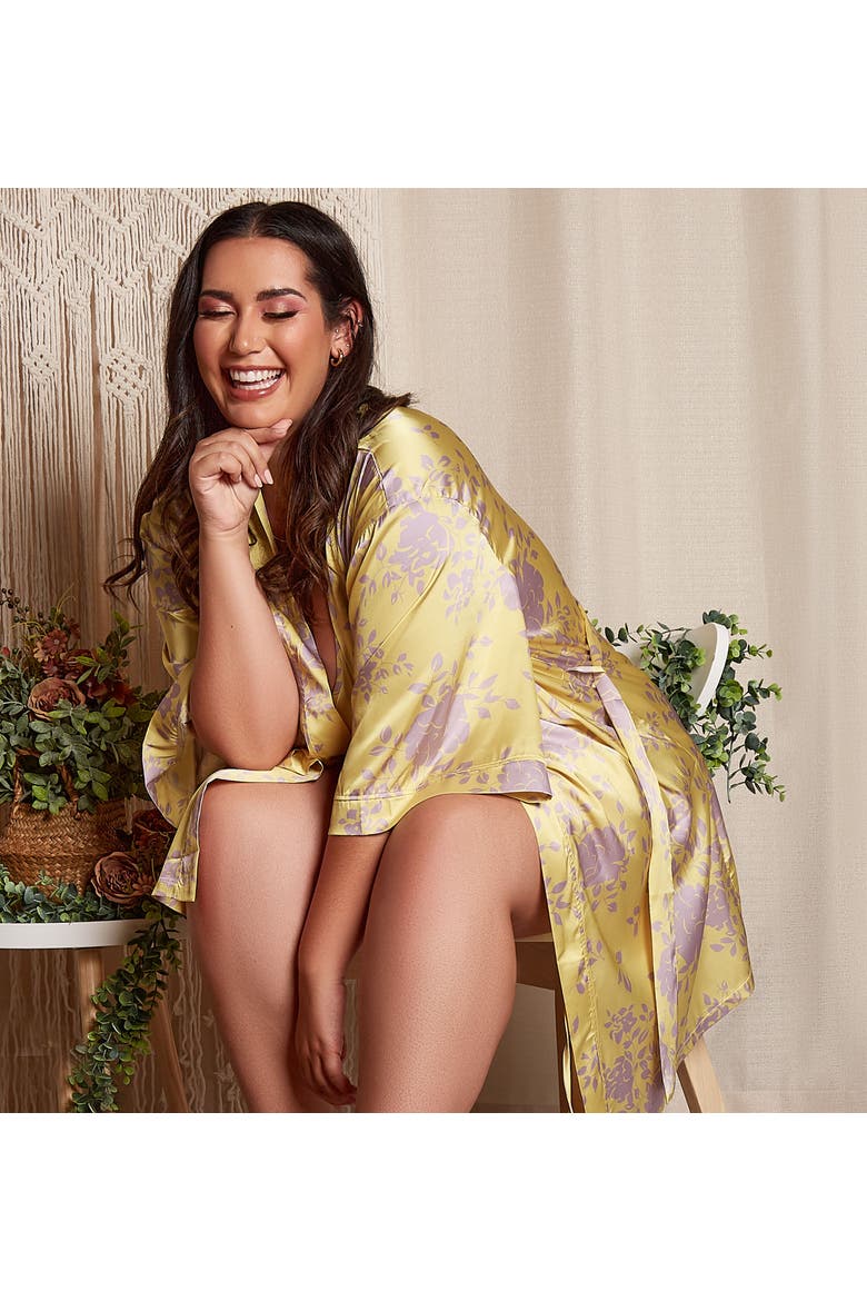 Floral Printed Satin Robe, Alternate, color, Yellow-Purple