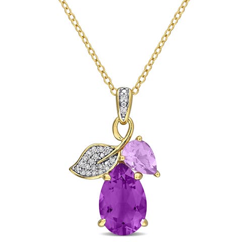 Amethyst & Diamond Leaf Detail Drop Necklace